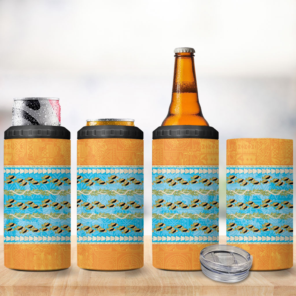 Hawaii Humuhumu Fish Maile Pikake Lei 4 in 1 Can Cooler Tumbler Tribal Tapa Orange Version