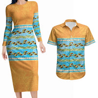 Hawaii Humuhumu Fish Maile Pikake Lei Couples Matching Long Sleeve Bodycon Dress and Hawaiian Shirt Tribal Tapa Orange Version