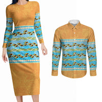 Hawaii Humuhumu Fish Maile Pikake Lei Couples Matching Long Sleeve Bodycon Dress and Long Sleeve Button Shirt Tribal Tapa Orange Version