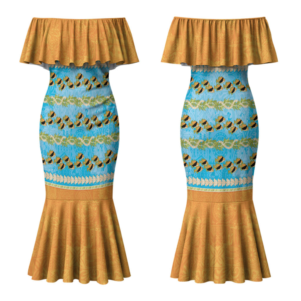 Hawaii Humuhumu Fish Maile Pikake Lei Couples Matching Mermaid Dress and Hawaiian Shirt Tribal Tapa Orange Version