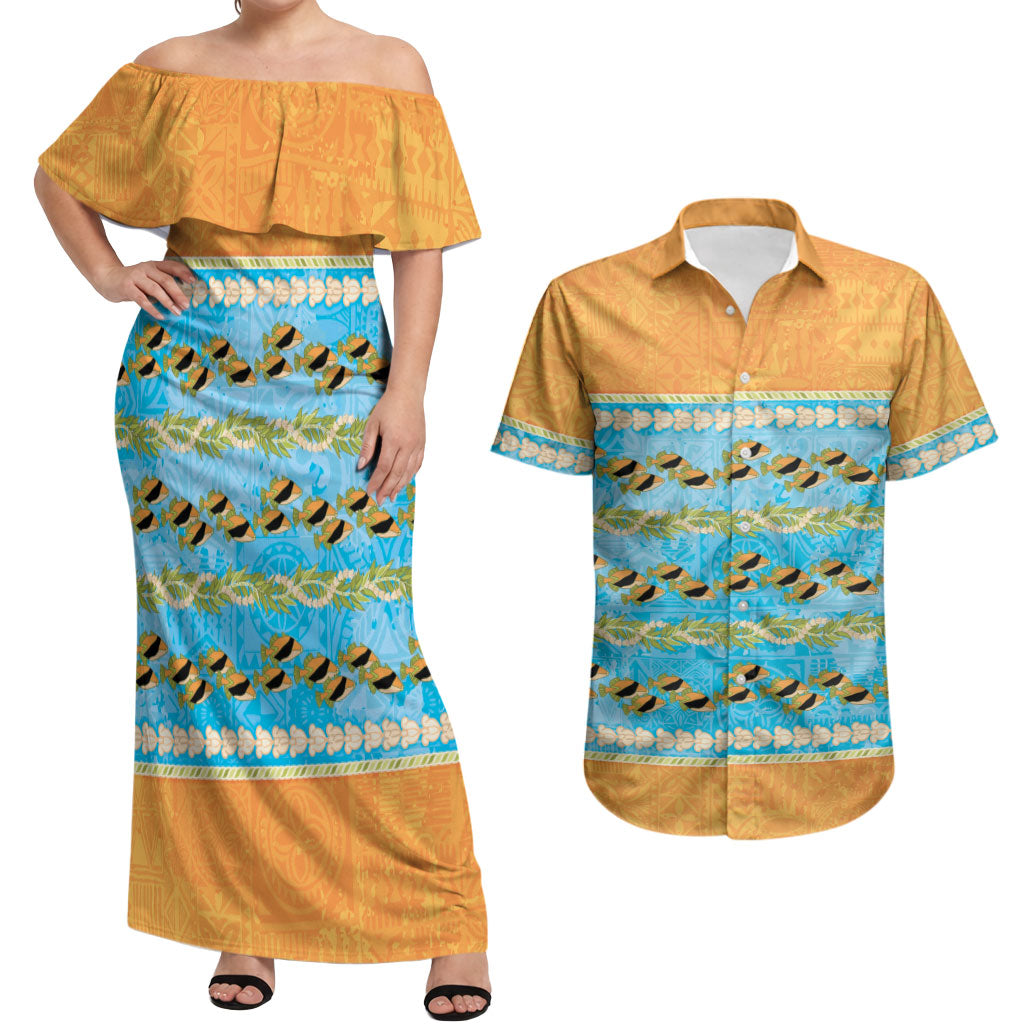 Hawaii Humuhumu Fish Maile Pikake Lei Couples Matching Off Shoulder Maxi Dress and Hawaiian Shirt Tribal Tapa Orange Version
