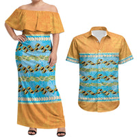 Hawaii Humuhumu Fish Maile Pikake Lei Couples Matching Off Shoulder Maxi Dress and Hawaiian Shirt Tribal Tapa Orange Version