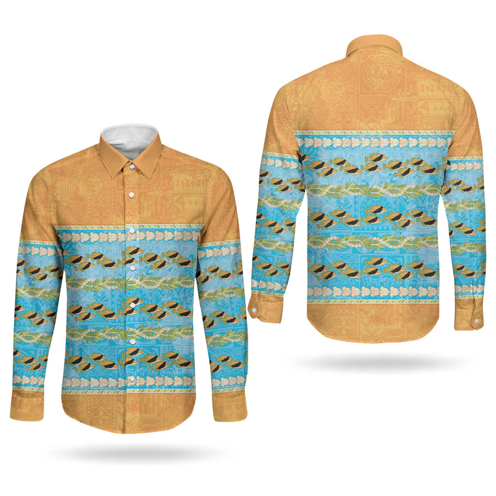 Hawaii Humuhumu Fish Maile Pikake Lei Couples Matching Off Shoulder Maxi Dress and Long Sleeve Button Shirt Tribal Tapa Orange Version