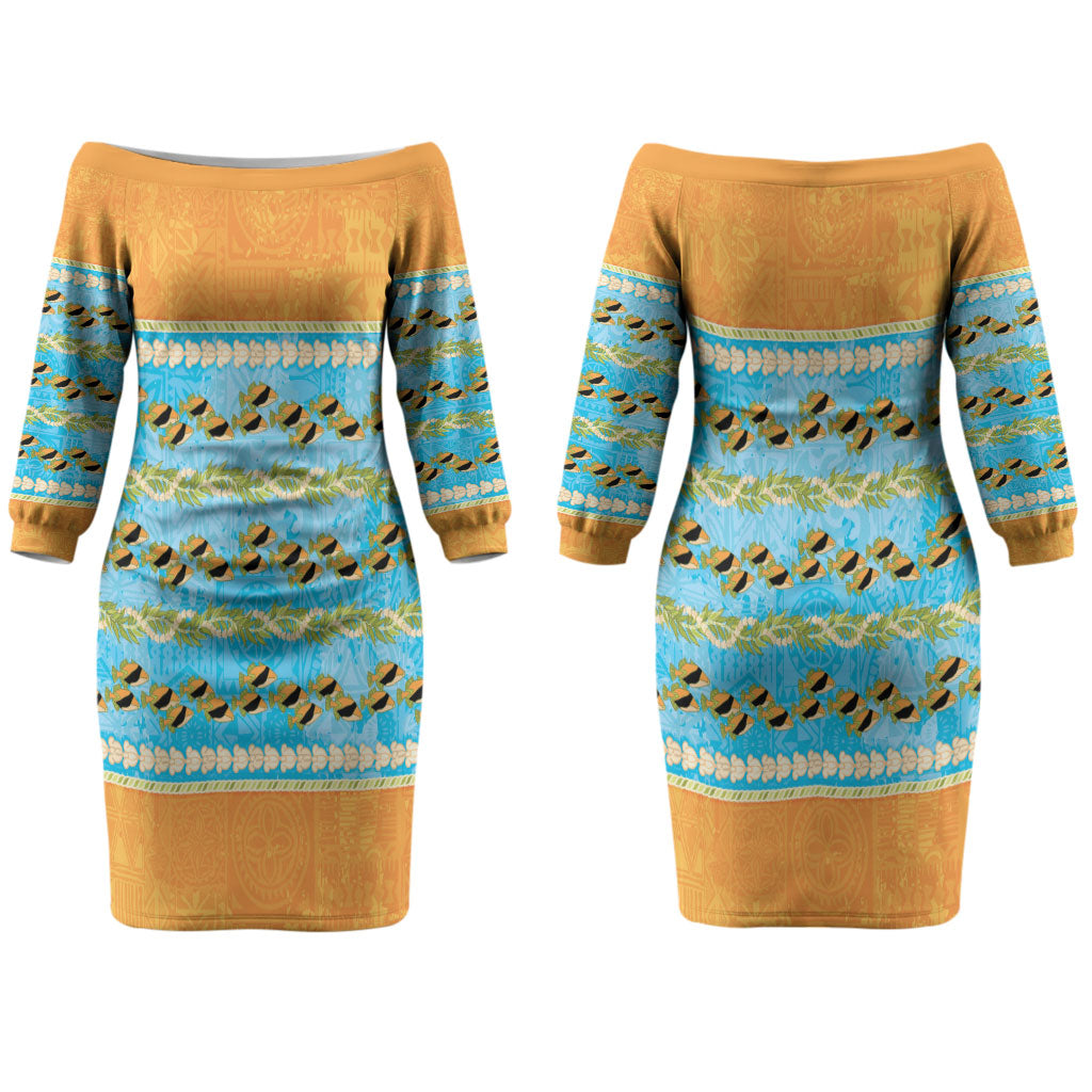 Hawaii Humuhumu Fish Maile Pikake Lei Couples Matching Off The Shoulder Long Sleeve Dress and Long Sleeve Button Shirt Tribal Tapa Orange Version