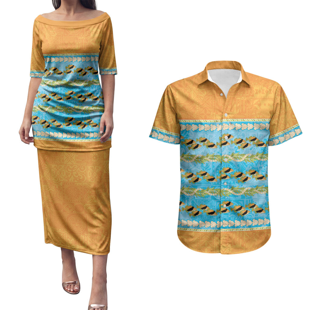 Hawaii Humuhumu Fish Maile Pikake Lei Couples Matching Puletasi and Hawaiian Shirt Tribal Tapa Orange Version