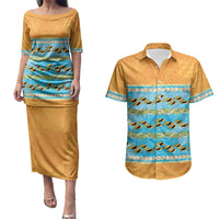 Hawaii Humuhumu Fish Maile Pikake Lei Couples Matching Puletasi and Hawaiian Shirt Tribal Tapa Orange Version