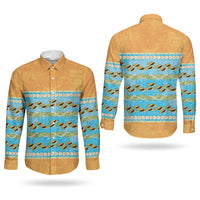 Hawaii Humuhumu Fish Maile Pikake Lei Couples Matching Puletasi and Long Sleeve Button Shirt Tribal Tapa Orange Version