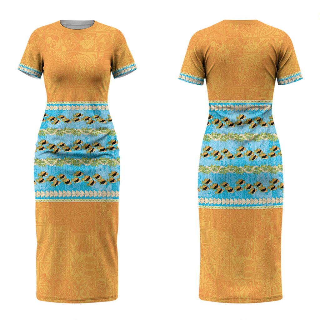 Hawaii Humuhumu Fish Maile Pikake Lei Couples Matching Short Sleeve Bodycon Dress and Hawaiian Shirt Tribal Tapa Orange Version