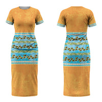 Hawaii Humuhumu Fish Maile Pikake Lei Couples Matching Short Sleeve Bodycon Dress and Hawaiian Shirt Tribal Tapa Orange Version