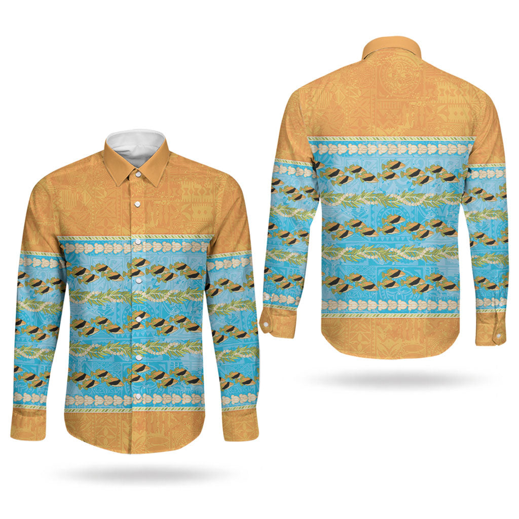 Hawaii Humuhumu Fish Maile Pikake Lei Couples Matching Short Sleeve Bodycon Dress and Long Sleeve Button Shirt Tribal Tapa Orange Version
