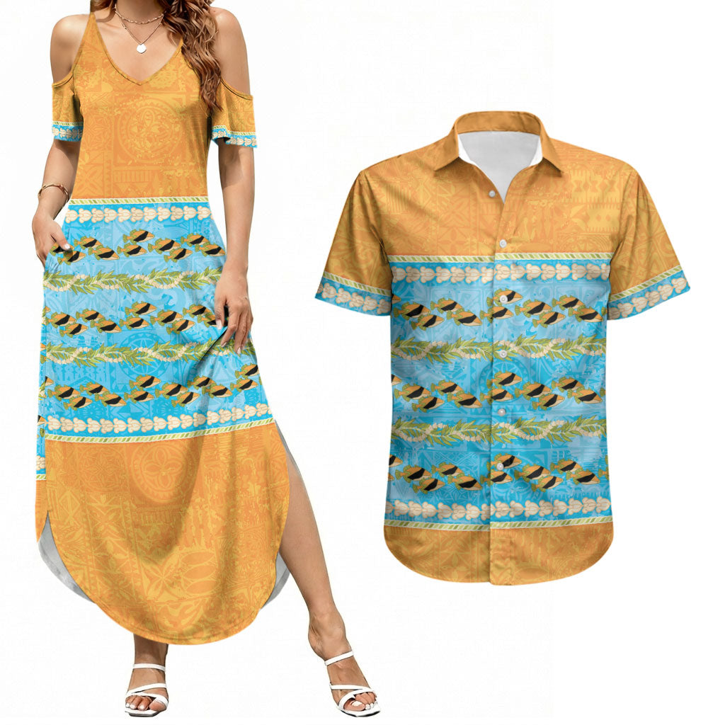Hawaii Humuhumu Fish Maile Pikake Lei Couples Matching Summer Maxi Dress and Hawaiian Shirt Tribal Tapa Orange Version