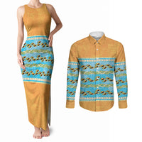 Hawaii Humuhumu Fish Maile Pikake Lei Couples Matching Tank Maxi Dress and Long Sleeve Button Shirt Tribal Tapa Orange Version