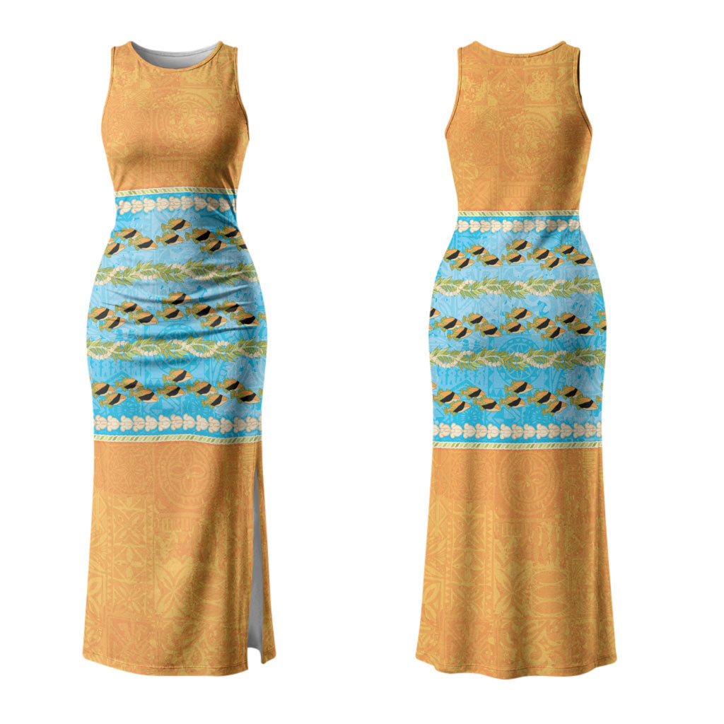 Hawaii Humuhumu Fish Maile Pikake Lei Couples Matching Tank Maxi Dress and Long Sleeve Button Shirt Tribal Tapa Orange Version
