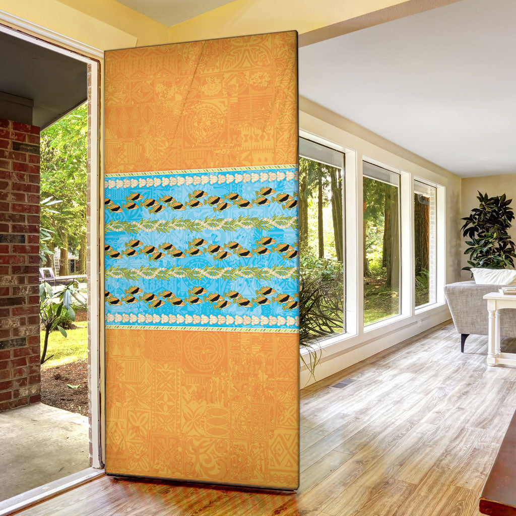 Hawaii Humuhumu Fish Maile Pikake Lei Door Cover Tribal Tapa Orange Version