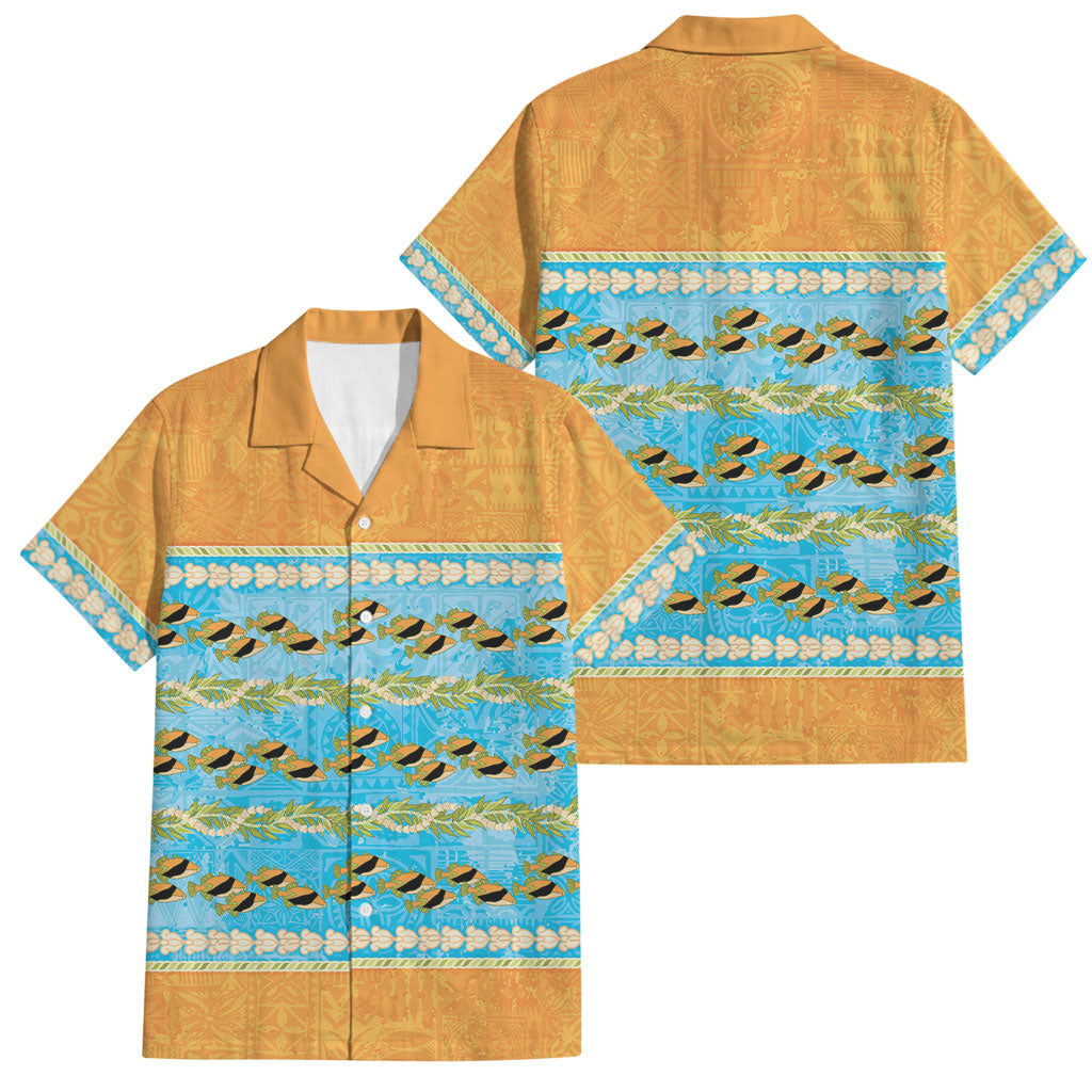 Hawaii Humuhumu Fish Maile Pikake Lei Family Matching Off The Shoulder Long Sleeve Dress and Hawaiian Shirt Tribal Tapa Orange Version