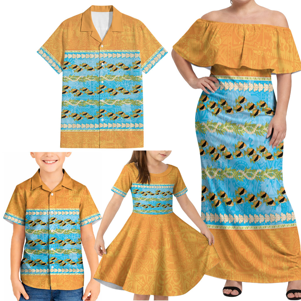 Hawaii Humuhumu Fish Maile Pikake Lei Family Matching Off Shoulder Maxi Dress and Hawaiian Shirt Tribal Tapa Orange Version LT05 - Polynesian Pride