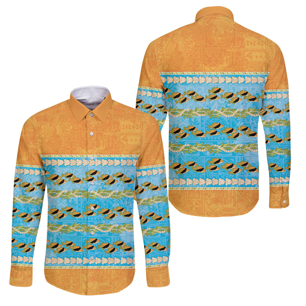 Hawaii Humuhumu Fish Maile Pikake Lei Family Matching Off Shoulder Short Dress and Hawaiian Shirt Tribal Tapa Orange Version
