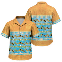 Hawaii Humuhumu Fish Maile Pikake Lei Family Matching Off Shoulder Short Dress and Hawaiian Shirt Tribal Tapa Orange Version