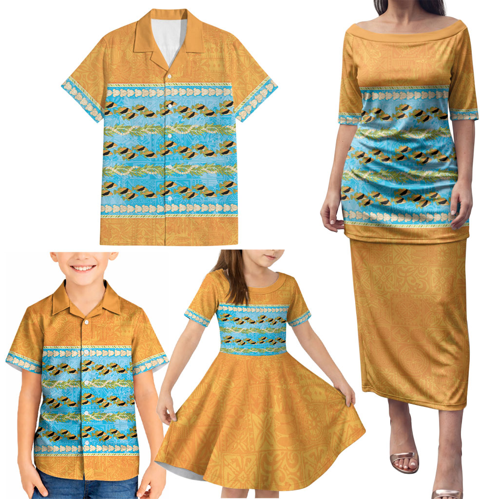 Hawaii Humuhumu Fish Maile Pikake Lei Family Matching Puletasi and Hawaiian Shirt Tribal Tapa Orange Version