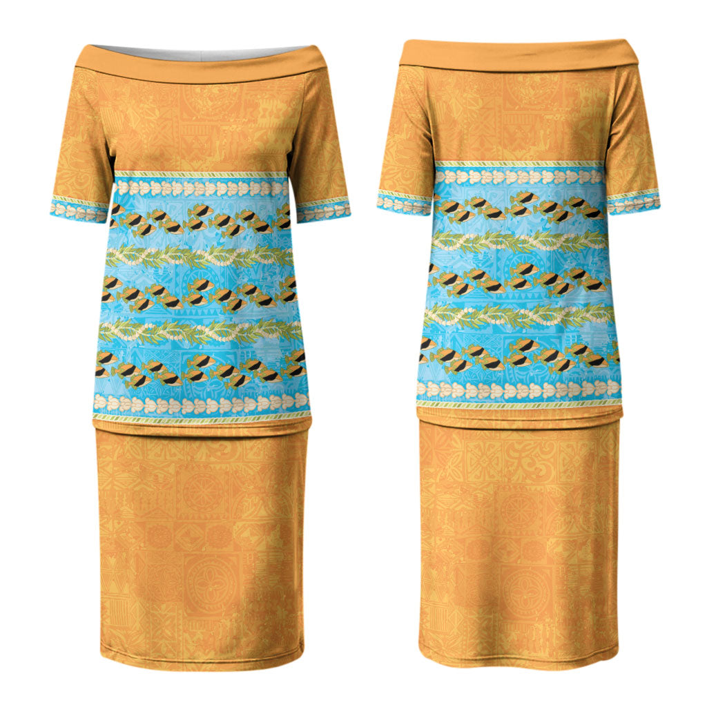Hawaii Humuhumu Fish Maile Pikake Lei Family Matching Puletasi and Hawaiian Shirt Tribal Tapa Orange Version