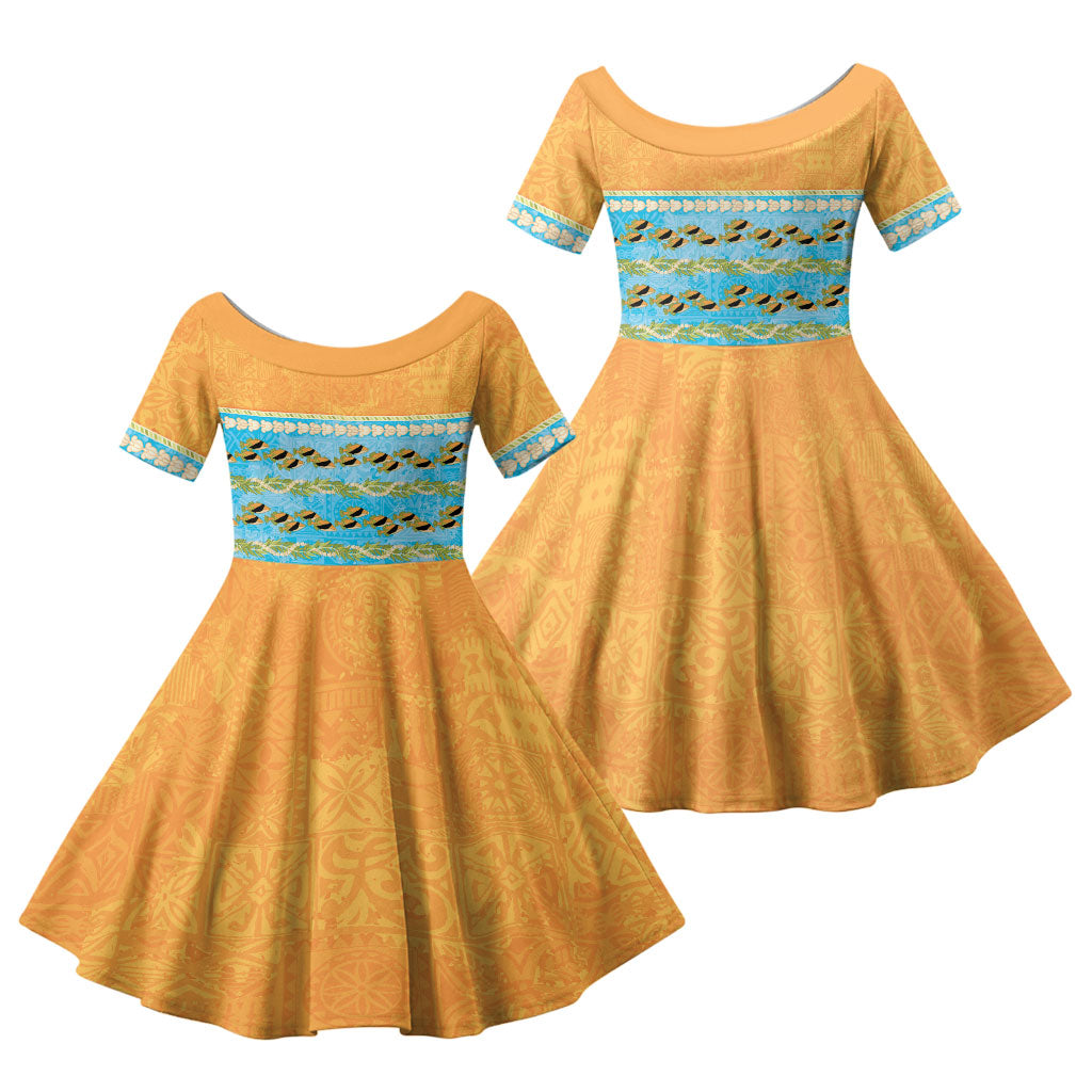 Hawaii Humuhumu Fish Maile Pikake Lei Family Matching Puletasi and Hawaiian Shirt Tribal Tapa Orange Version