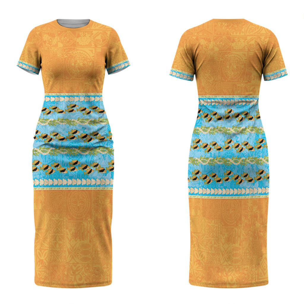 Hawaii Humuhumu Fish Maile Pikake Lei Family Matching Short Sleeve Bodycon Dress and Hawaiian Shirt Tribal Tapa Orange Version