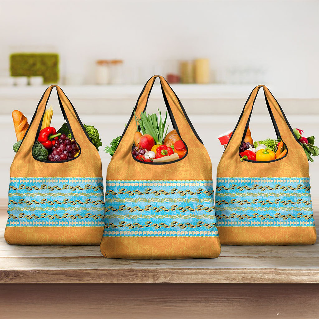 Hawaii Humuhumu Fish Maile Pikake Lei Grocery Bag Tribal Tapa Orange Version