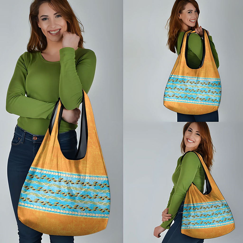 Hawaii Humuhumu Fish Maile Pikake Lei Grocery Bag Tribal Tapa Orange Version