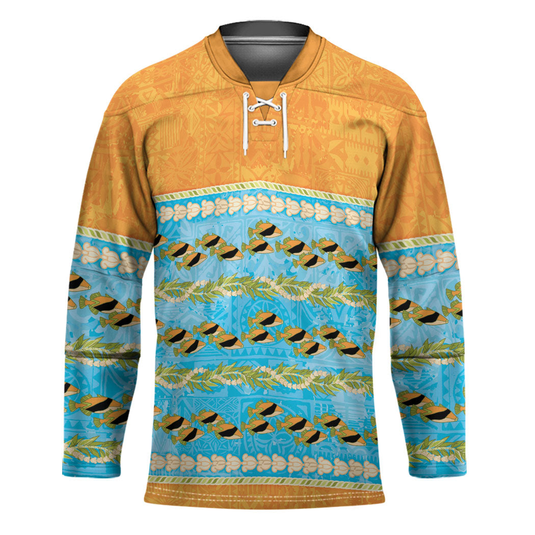 Hawaii Humuhumu Fish Maile Pikake Lei Hockey Jersey Tribal Tapa Orange Version