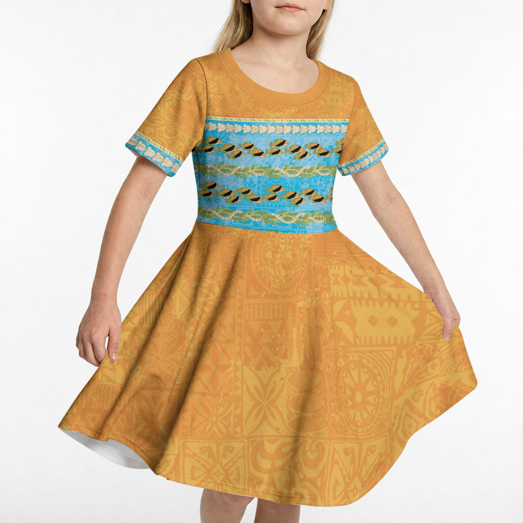 Hawaii Humuhumu Fish Maile Pikake Lei Kid Short Sleeve Dress Tribal Tapa Orange Version