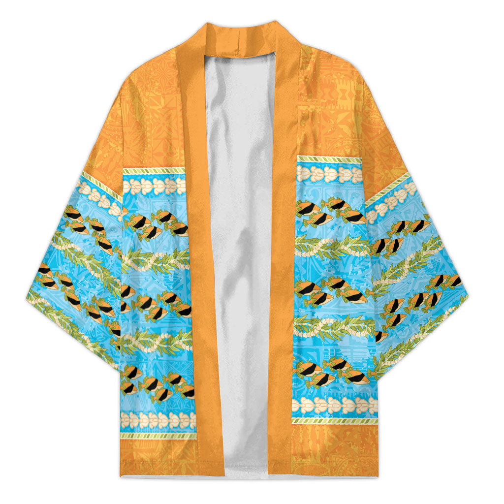 Hawaii Humuhumu Fish Maile Pikake Lei Kimono Tribal Tapa Orange Version
