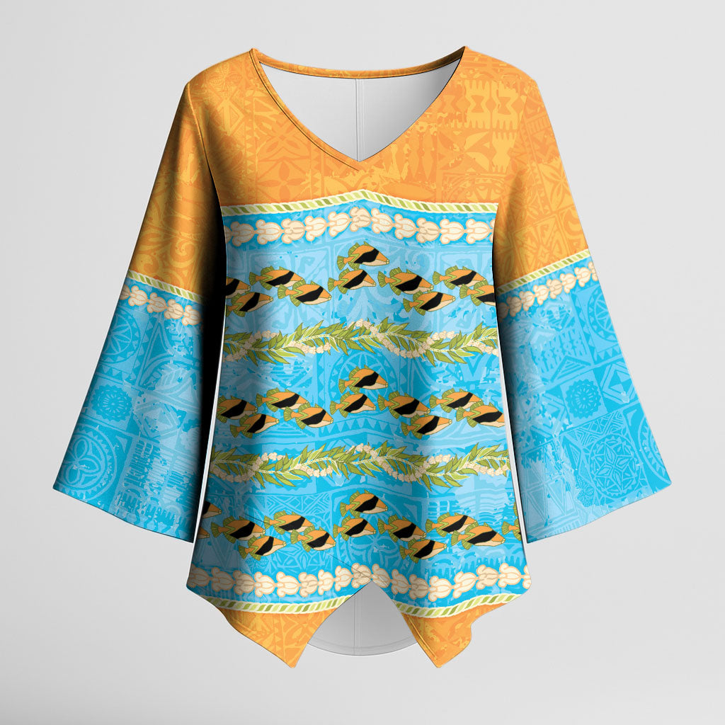 Hawaii Humuhumu Fish Maile Pikake Lei Kimono Sleeve Blouse Tribal Tapa Orange Version