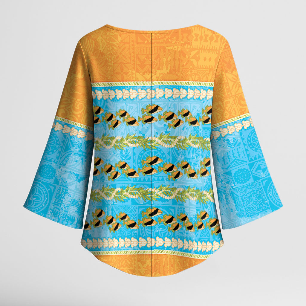 Hawaii Humuhumu Fish Maile Pikake Lei Kimono Sleeve Blouse Tribal Tapa Orange Version