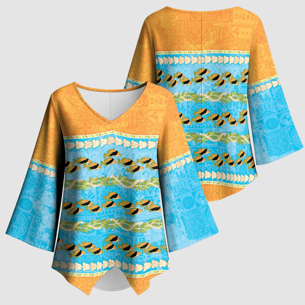 Hawaii Humuhumu Fish Maile Pikake Lei Kimono Sleeve Blouse Tribal Tapa Orange Version