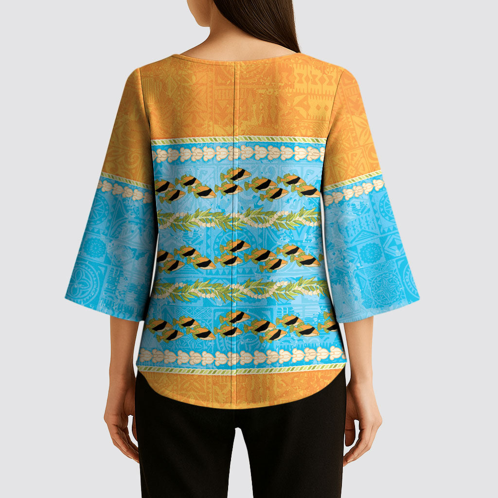 Hawaii Humuhumu Fish Maile Pikake Lei Kimono Sleeve Blouse Tribal Tapa Orange Version
