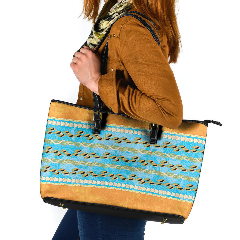 Hawaii Humuhumu Fish Maile Pikake Lei Leather Tote Bag Tribal Tapa Orange Version