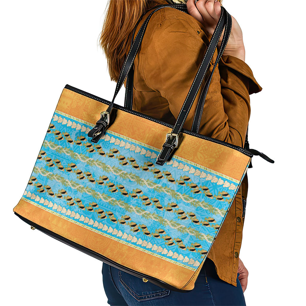 Hawaii Humuhumu Fish Maile Pikake Lei Leather Tote Bag Tribal Tapa Orange Version