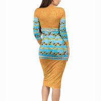 Hawaii Humuhumu Fish Maile Pikake Lei Long Sleeve Bodycon Dress Tribal Tapa Orange Version