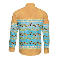 Hawaii Humuhumu Fish Maile Pikake Lei Long Sleeve Button Shirt Tribal Tapa Orange Version