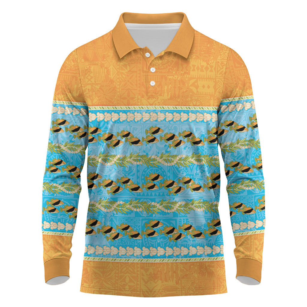 Hawaii Humuhumu Fish Maile Pikake Lei Long Sleeve Polo Shirt Tribal Tapa Orange Version