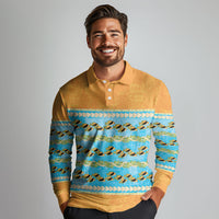 Hawaii Humuhumu Fish Maile Pikake Lei Long Sleeve Polo Shirt Tribal Tapa Orange Version