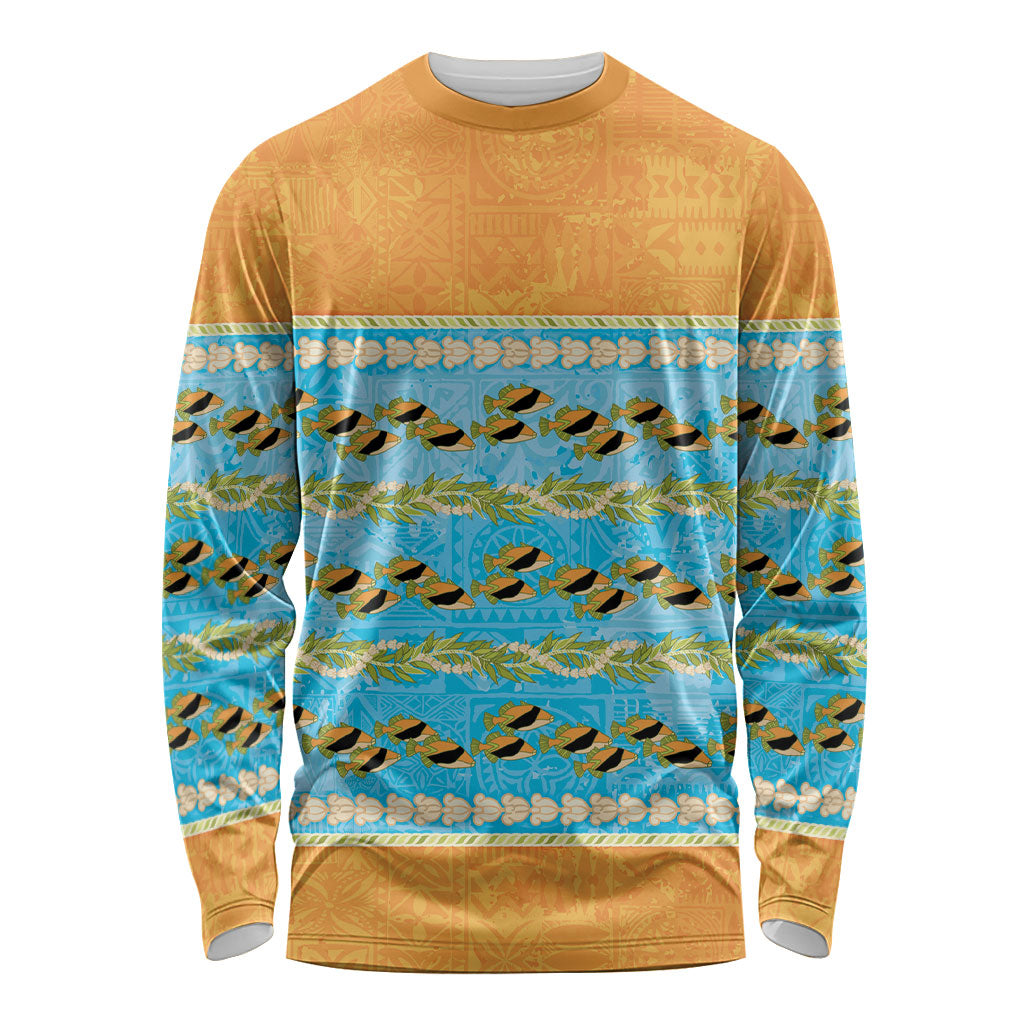 Hawaii Humuhumu Fish Maile Pikake Lei Long Sleeve Shirt Tribal Tapa Orange Version