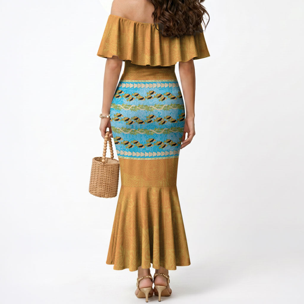 Hawaii Humuhumu Fish Maile Pikake Lei Mermaid Dress Tribal Tapa Orange Version