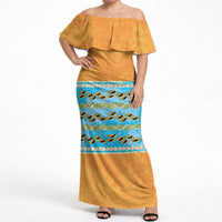 Hawaii Humuhumu Fish Maile Pikake Lei Off Shoulder Maxi Dress Tribal Tapa Orange Version
