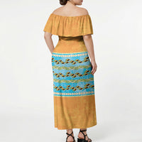 Hawaii Humuhumu Fish Maile Pikake Lei Off Shoulder Maxi Dress Tribal Tapa Orange Version