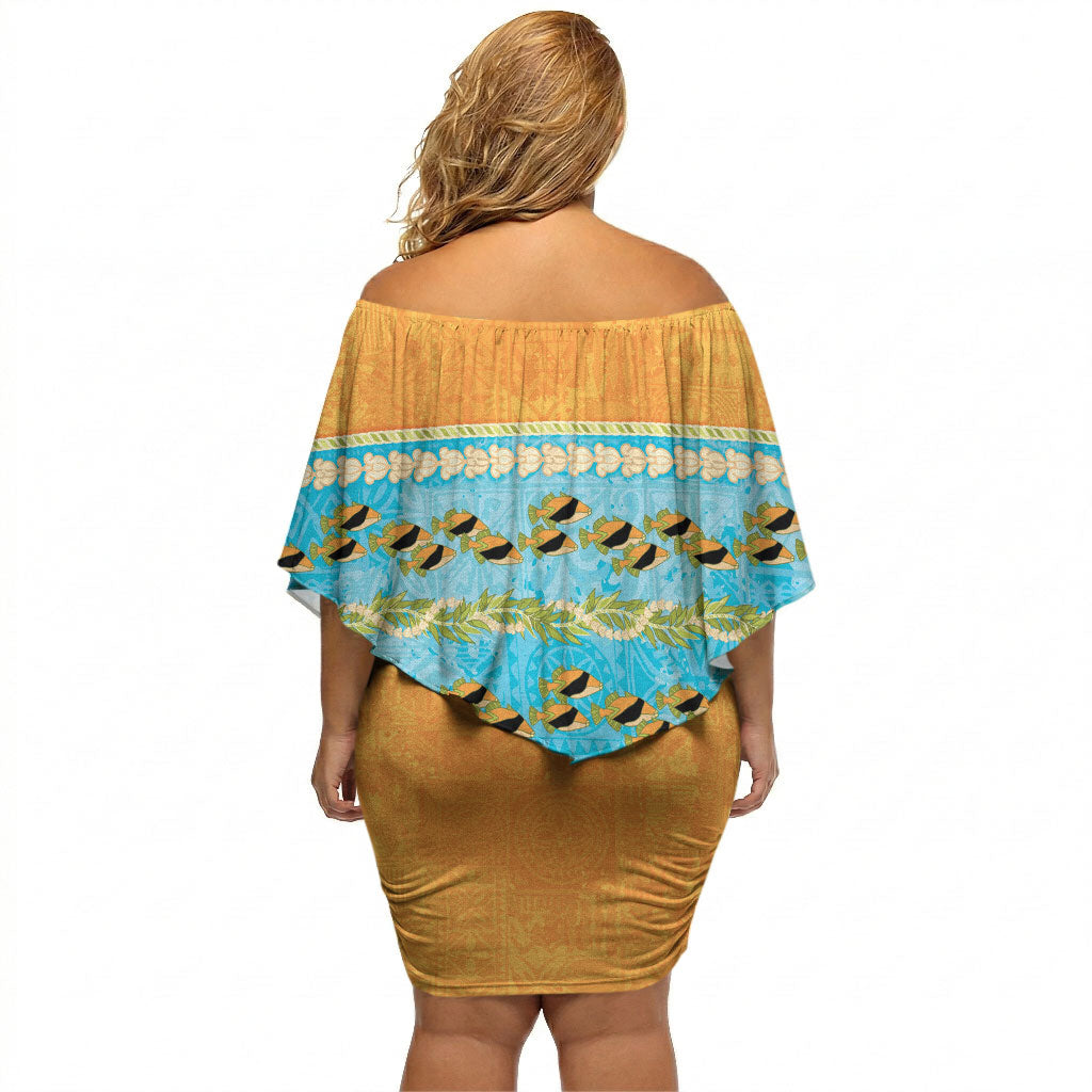 Hawaii Humuhumu Fish Maile Pikake Lei Off Shoulder Short Dress Tribal Tapa Orange Version