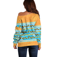 Hawaii Humuhumu Fish Maile Pikake Lei Off Shoulder Sweater Tribal Tapa Orange Version