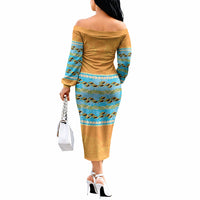 Hawaii Humuhumu Fish Maile Pikake Lei Off The Shoulder Long Sleeve Dress Tribal Tapa Orange Version