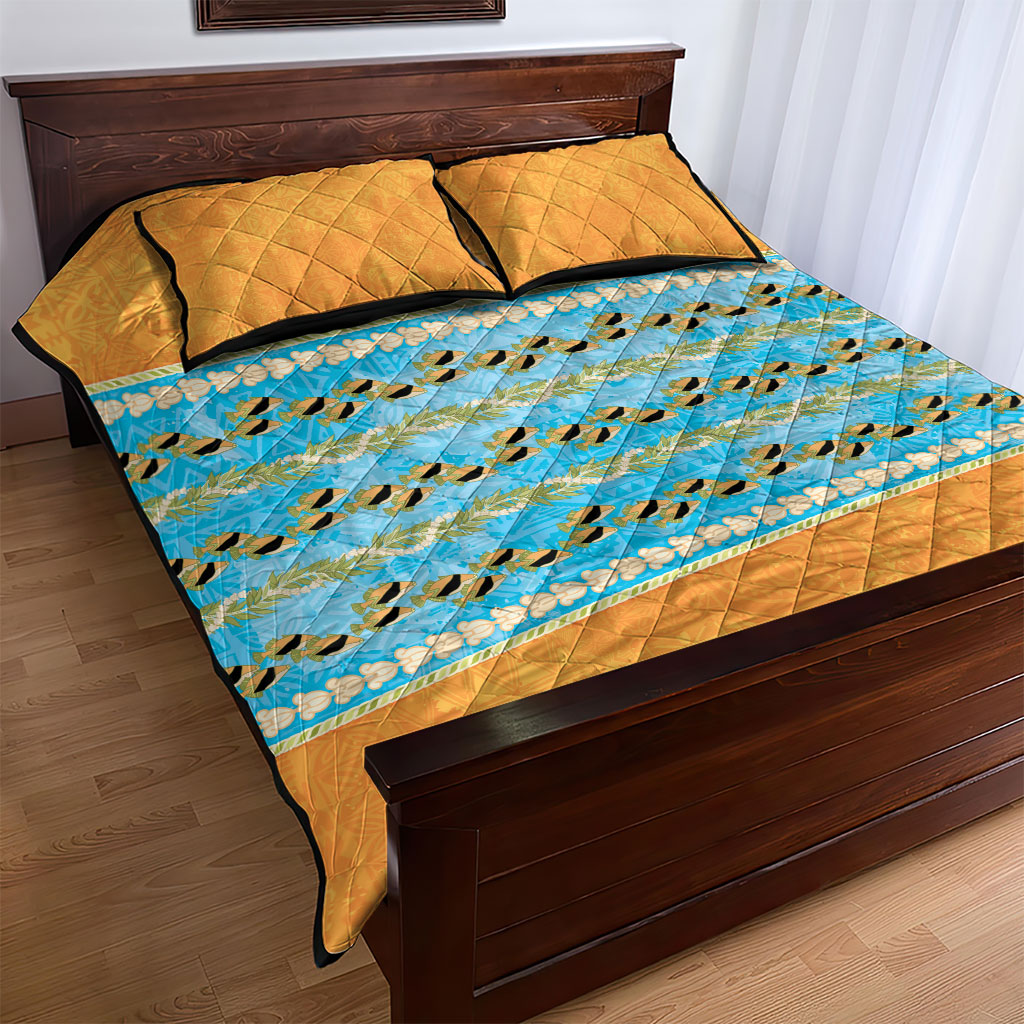Hawaii Humuhumu Fish Maile Pikake Lei Quilt Bed Set Tribal Tapa Orange Version
