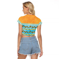 Hawaii Humuhumu Fish Maile Pikake Lei Raglan Cropped T Shirt Tribal Tapa Orange Version